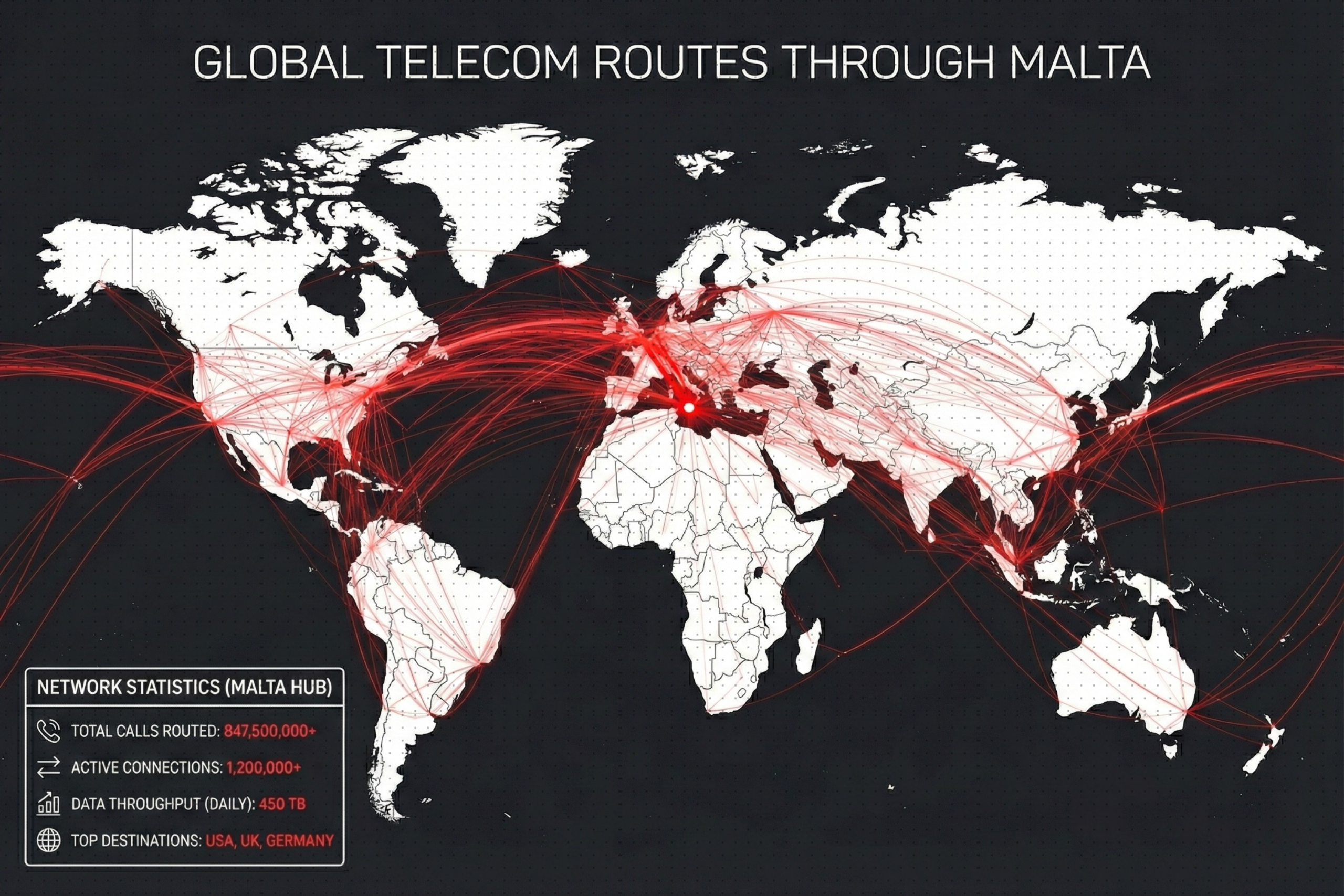 World map showing global telecom call routes concentrated through Malta, highlighting its role as a major international routing hub with dense cross-border connections.