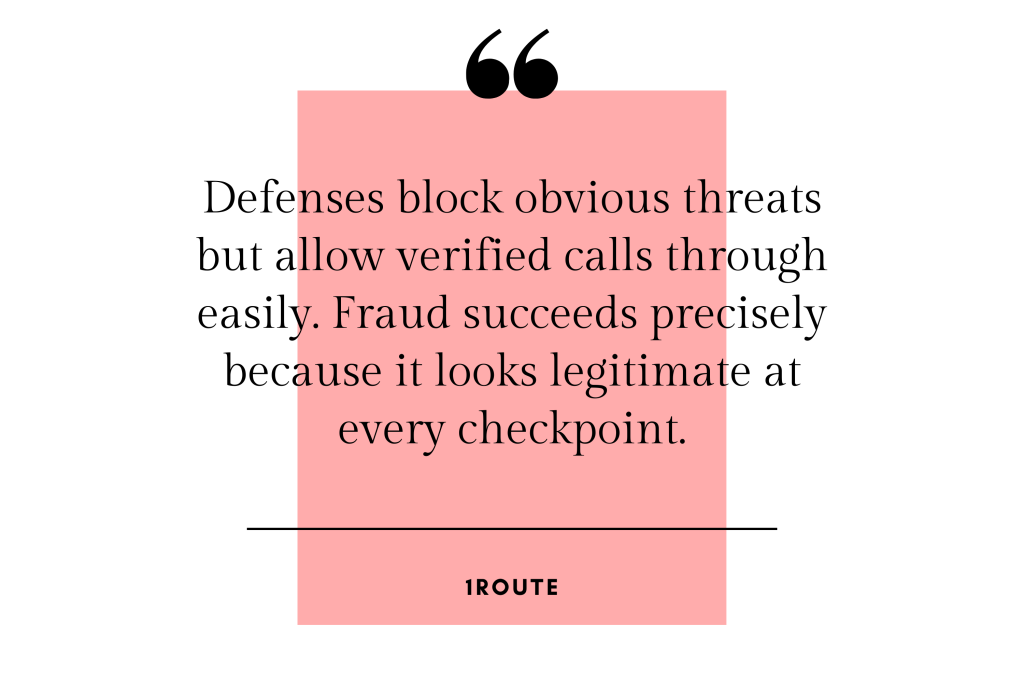 Quote: "Defenses block obvious threats but allow verified calls through easily. Fraud succeeds precisely because it looks legitimate at every checkpoint." -1Route
