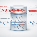 Diagram illustrating SIM boxing detection challenges, showing fraudulent call traffic being blocked while legitimate international calls pass through network validation layers.