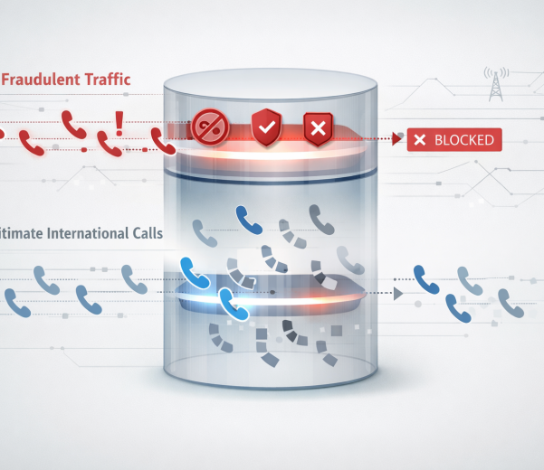 Diagram illustrating SIM boxing detection challenges, showing fraudulent call traffic being blocked while legitimate international calls pass through network validation layers.