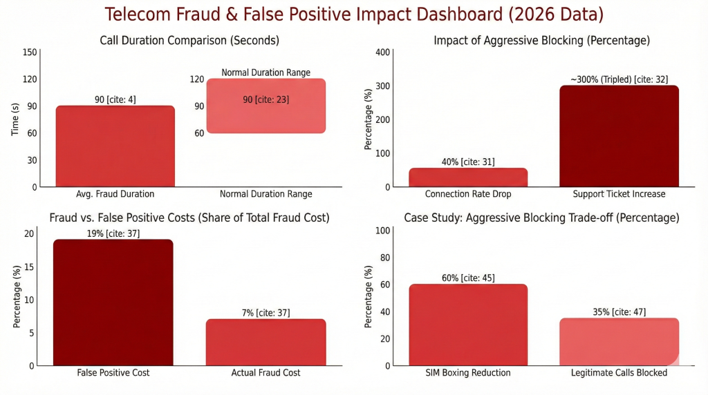Telecom fraud dashboard showing 2026 data on SIM boxing impacts, including call duration comparisons, false positive costs, connection rate drops, support ticket increases, and trade-offs between fraud reduction and legitimate calls blocked.