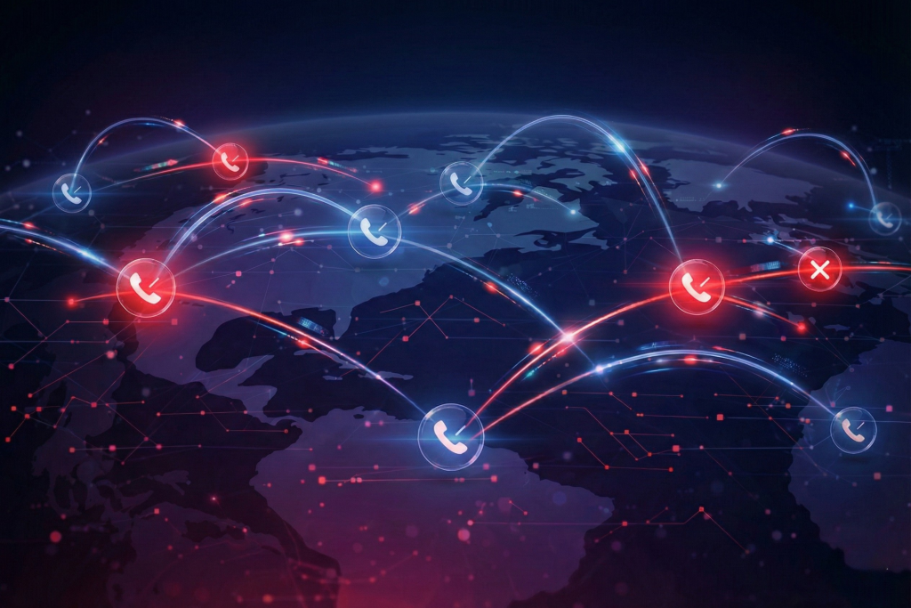 Global map illustrating international voice traffic routes, with connected call paths showing both allowed calls and blocked connections across multiple regions.