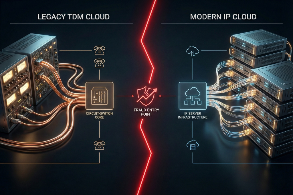 Diagram showing the fraud entry point at the boundary between legacy TDM circuit-switch core and modern IP server infrastructure.