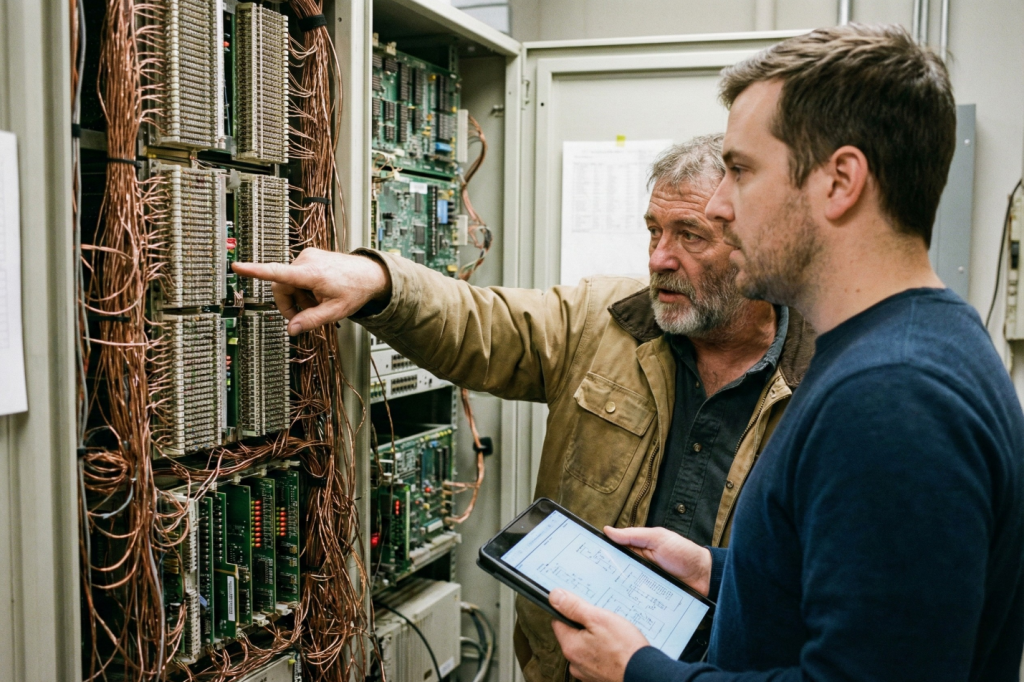 A senior telecom engineer explains legacy TDM hardware to a younger colleague holding a tablet during a network migration review.