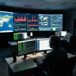 Telecom NOC engineers monitor global call traffic, fraud alerts, and network performance dashboards during a hybrid TDM-to-IP migration.