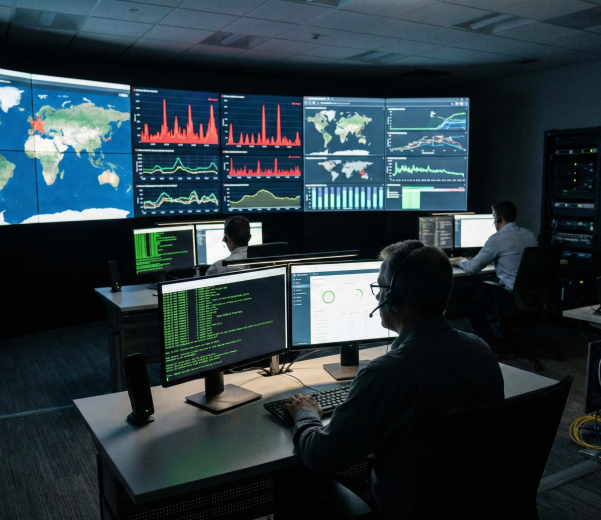 Telecom NOC engineers monitor global call traffic, fraud alerts, and network performance dashboards during a hybrid TDM-to-IP migration.
