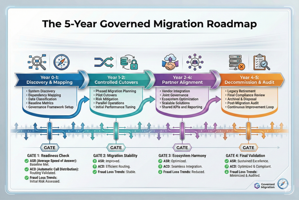A five-year telecom migration roadmap showing four gated phases: discovery, controlled cutovers, partner alignment, and decommission with audit checkpoints.