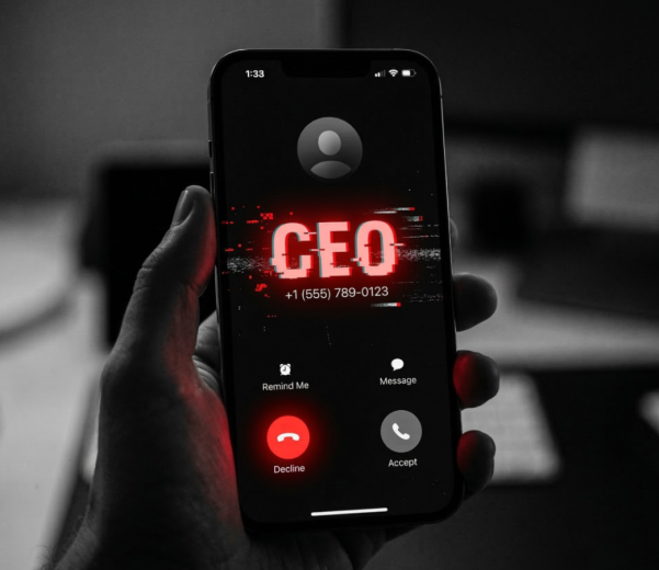 A hand holds a smartphone showing an incoming call labeled CEO with a red glitch effect, suggesting AI voice fraud.