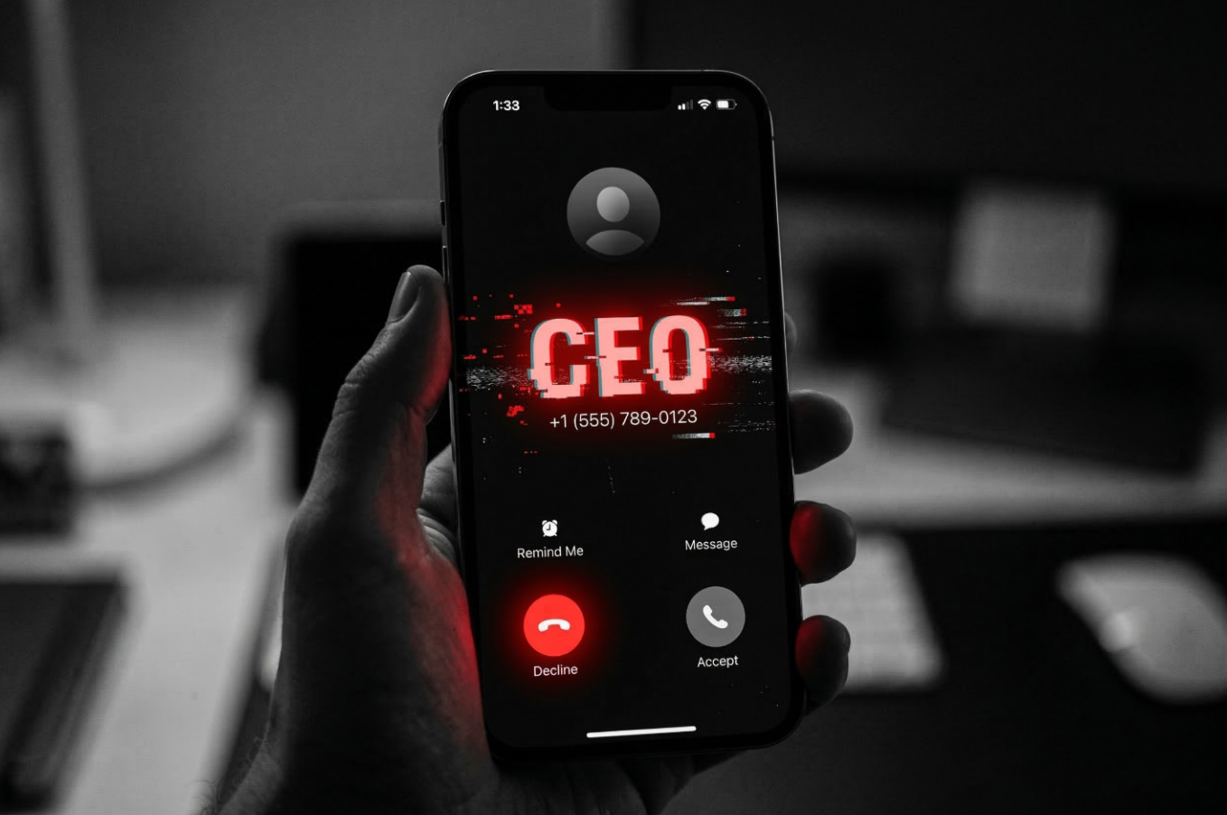 A hand holds a smartphone showing an incoming call labeled CEO with a red glitch effect, suggesting AI voice fraud.
