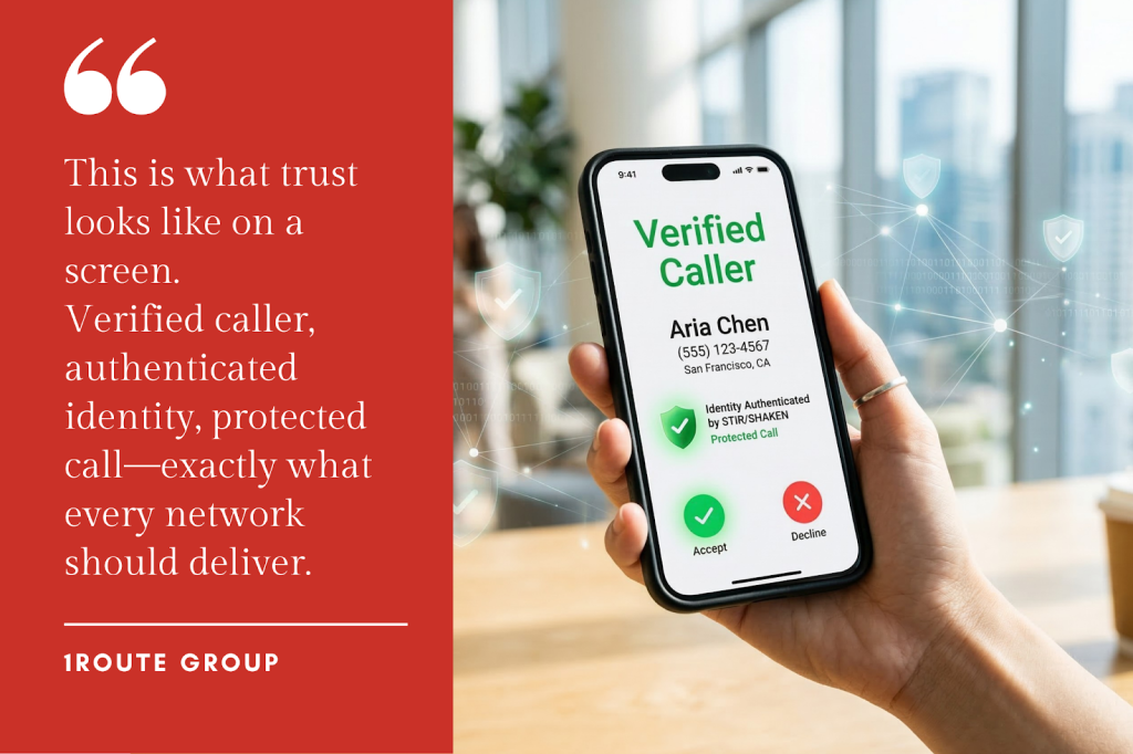 A hand holds a smartphone displaying a verified caller screen with STIR/SHAKEN authentication and green accept button in a bright office setting.