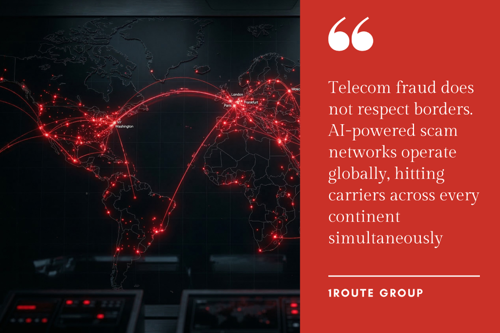 A dark global map with red glowing lines connecting major cities, illustrating the worldwide scale of threats that AI telecom fraud prevention must address.