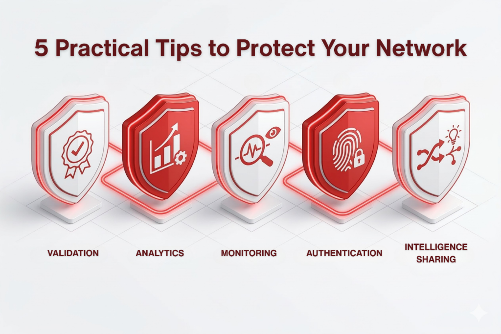 An infographic showing five red and white shield icons labeled Validation, Analytics, Monitoring, Authentication, and Intelligence Sharing for telecom fraud defense.