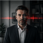 Professional's face split by a red audio waveform showing the human vs synthetic identity threat in AI voice phishing