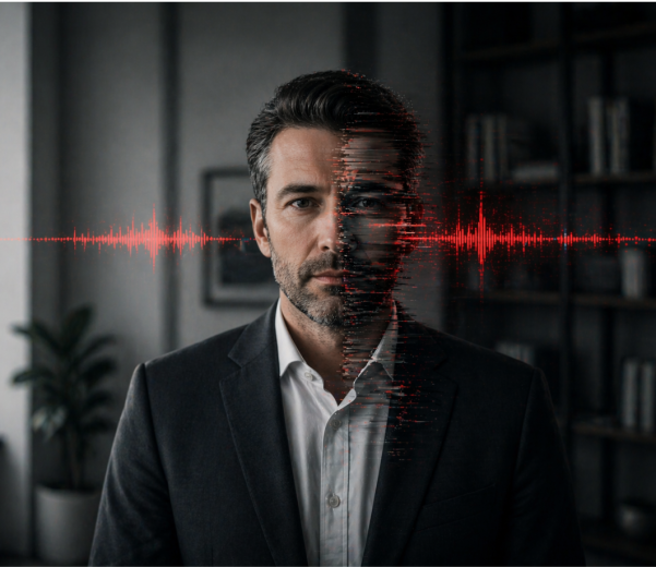 Professional's face split by a red audio waveform showing the human vs synthetic identity threat in AI voice phishing