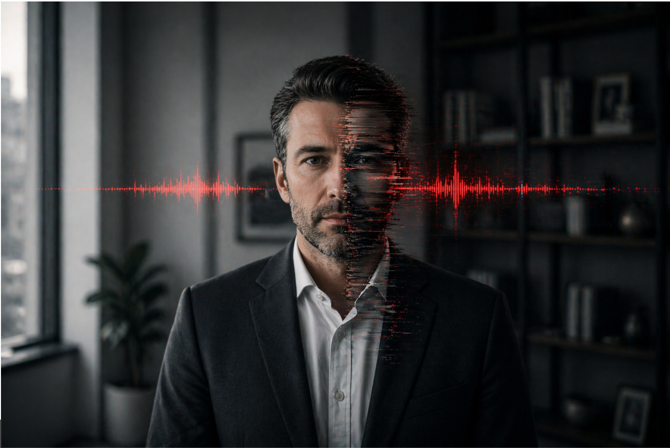 Professional's face split by a red audio waveform showing the human vs synthetic identity threat in AI voice phishing