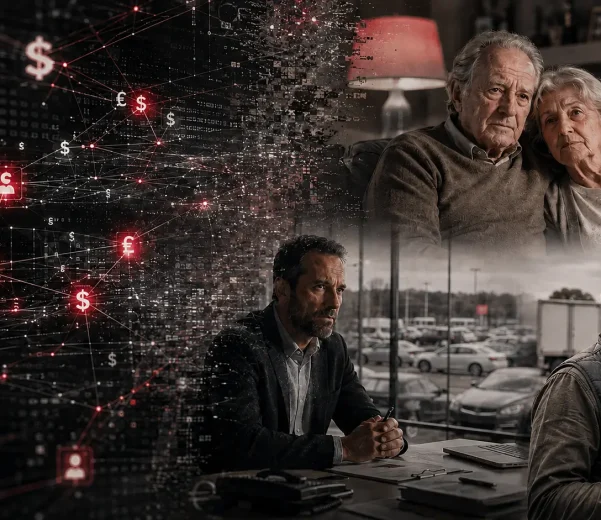 The human impact of telecom fraud shown through three victims: an elderly couple, a business owner, and a transporter.