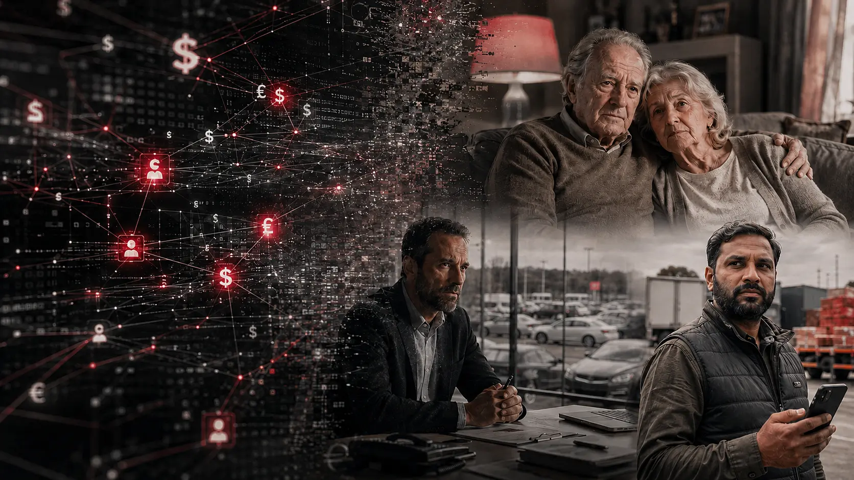 The human impact of telecom fraud shown through three victims: an elderly couple, a business owner, and a transporter.