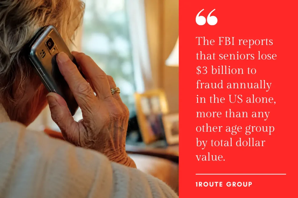 An elderly woman takes a phone call at home, surrounded by family photos, representing seniors targeted by robocall fraud.