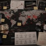 Global telecom fraud investigation board showing SIM cards, telecom routes, financial flows, and fraud infrastructure connected across multiple countries.