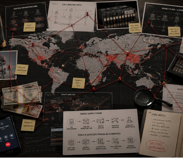 Global telecom fraud investigation board showing SIM cards, telecom routes, financial flows, and fraud infrastructure connected across multiple countries.