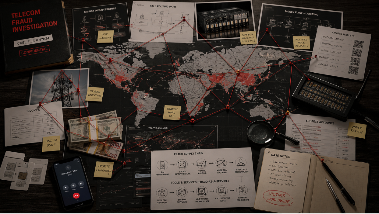 Global telecom fraud investigation board showing SIM cards, telecom routes, financial flows, and fraud infrastructure connected across multiple countries.