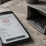 Smartphone on a desk shows a completed transfer beside an empty wallet, illustrating losses an SMS firewall prevents.