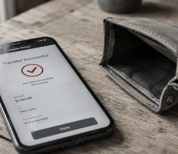 Smartphone on a desk shows a completed transfer beside an empty wallet, illustrating losses an SMS firewall prevents.