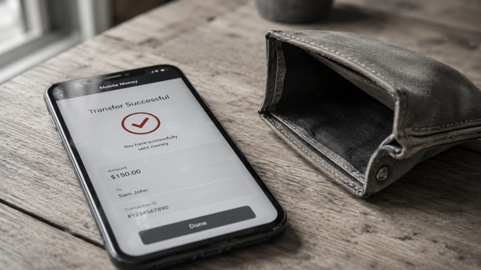 Smartphone on a desk shows a completed transfer beside an empty wallet, illustrating losses an SMS firewall prevents.