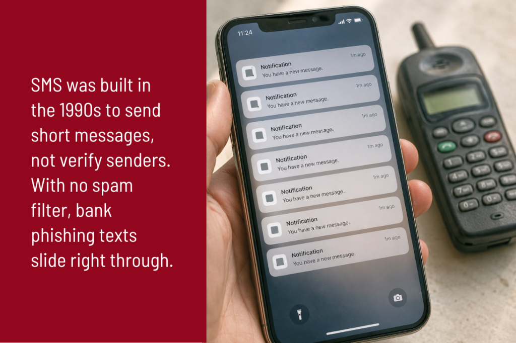 Hand holding a smartphone with stacked notifications beside a 1990s phone, showing SMS was never built to verify senders.