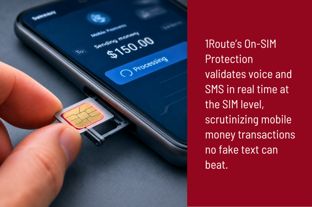 Close-up of a glowing SIM card inserted mid mobile transfer, illustrating real-time On-SIM fraud validation at the SIM level.