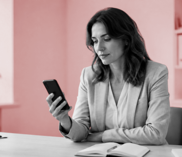 Woman in a gray blazer in a bright white office studies her phone, illustrating real-time Wangiri fraud detection in action.