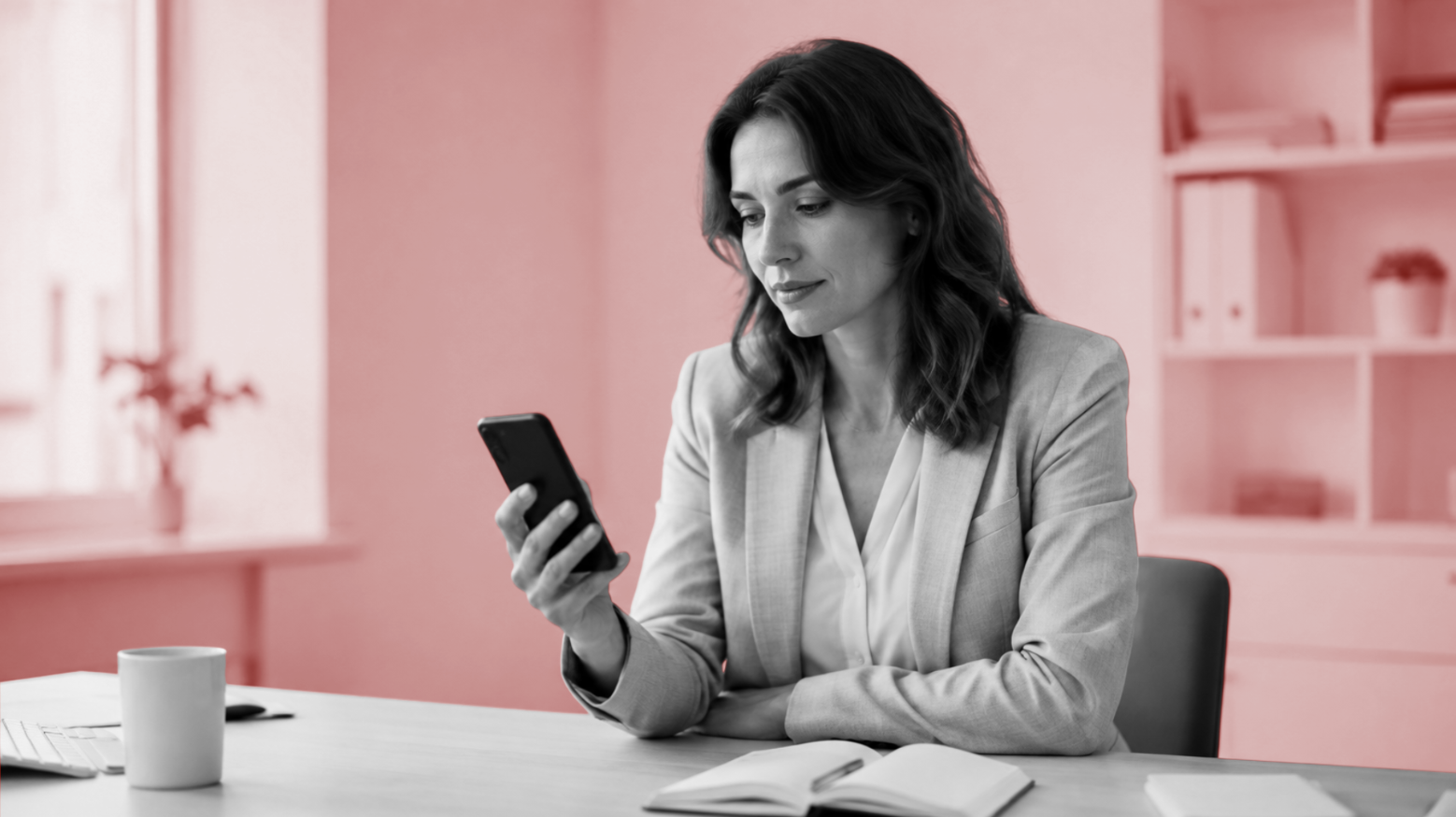Woman in a gray blazer in a bright white office studies her phone, illustrating real-time Wangiri fraud detection in action.