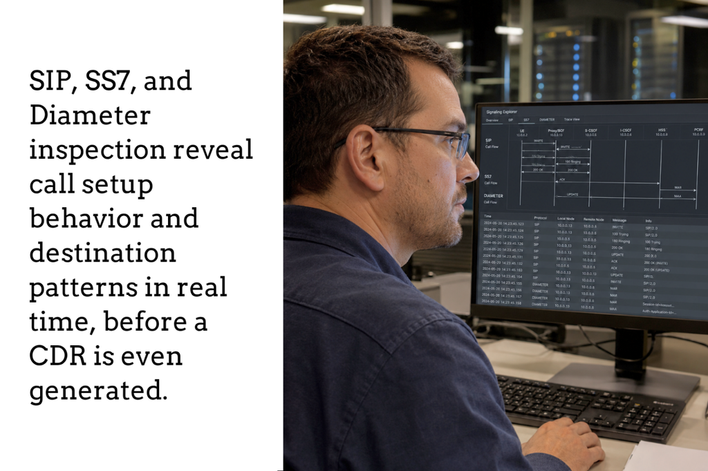 A network engineer reviews SIP, SS7, and Diameter signaling call flows on a monitor to inspect real-time call setup behavior.
