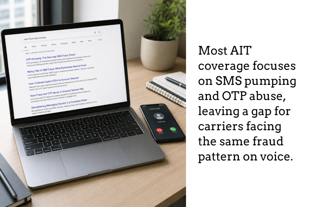 A laptop displays search results for SMS fraud and OTP pumping, while a smartphone nearby shows an unanswered incoming call.
