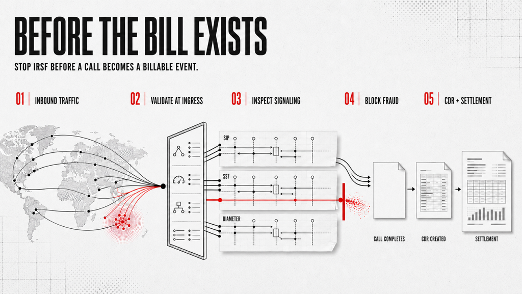 Infographic titled 'Before the Bill Exists,' showing five steps to stop IRSF before a call becomes a billable event.